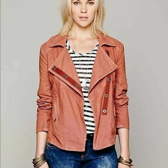 Free People Moto Linen Blend Jacket in Rosewood - Picture 1 of 9